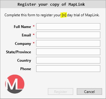 Maplink Registration Window